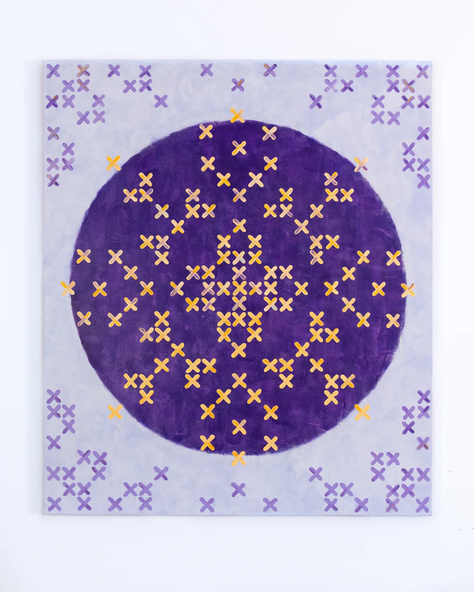 Blueberry muffin, a hand-built textured abstract painting with yellow and purple X shapes over a dark purple round shape on a cloudy blue background, from the Treats collection
