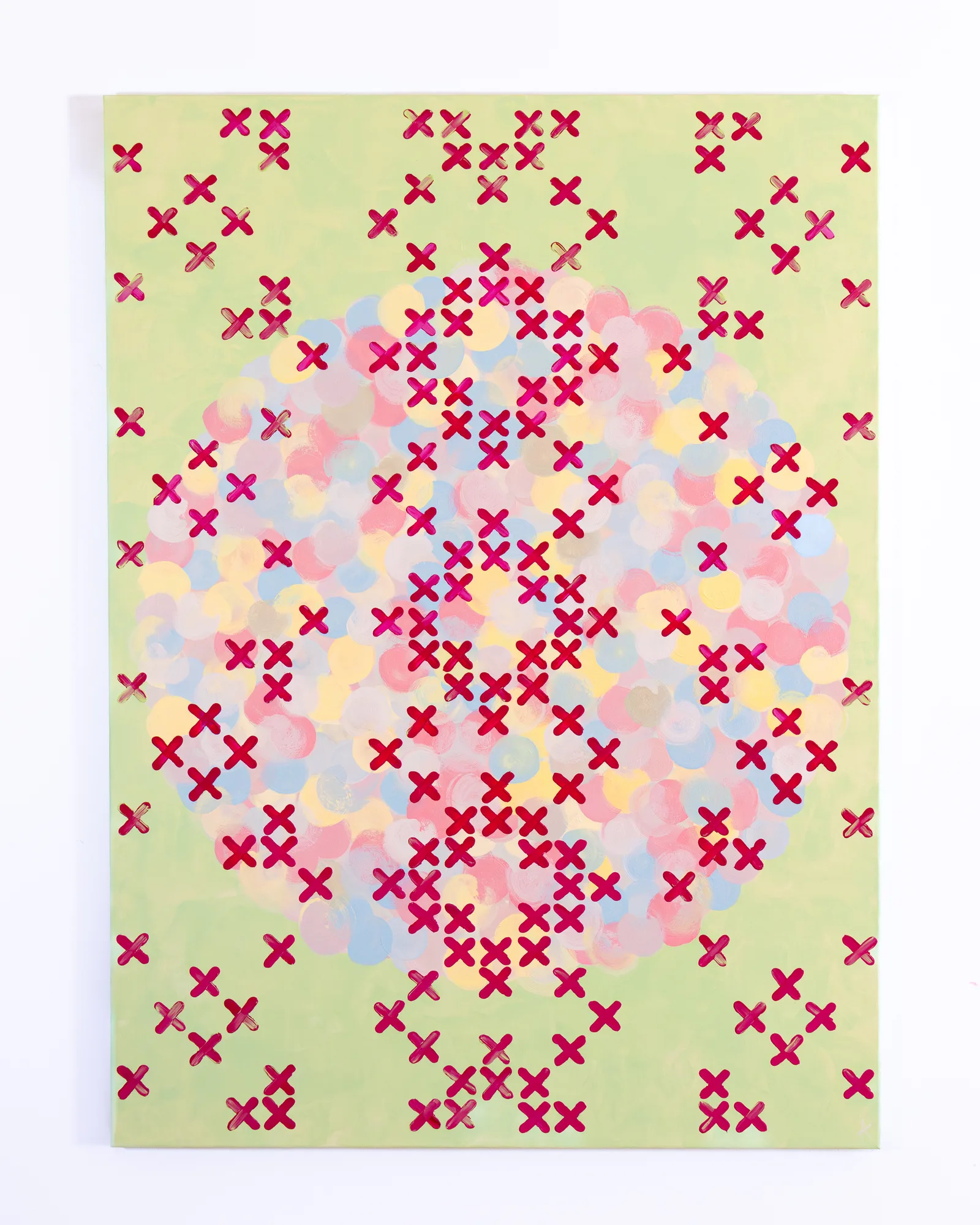 Bubble gum, a hand-built textured abstract painting with dark magenta X shapes over colorful round shapes on a light green background, from the Treats collection