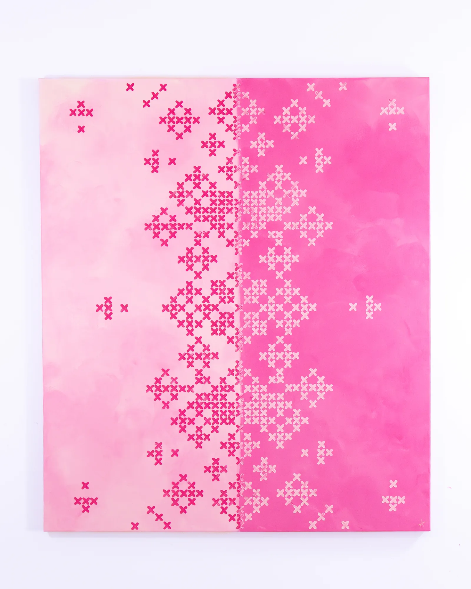 Marshmallow, a hand-built textured abstract painting with contrasting X shapes on a canvas split light pink on the left and dark pink on the right, from the Treats collection